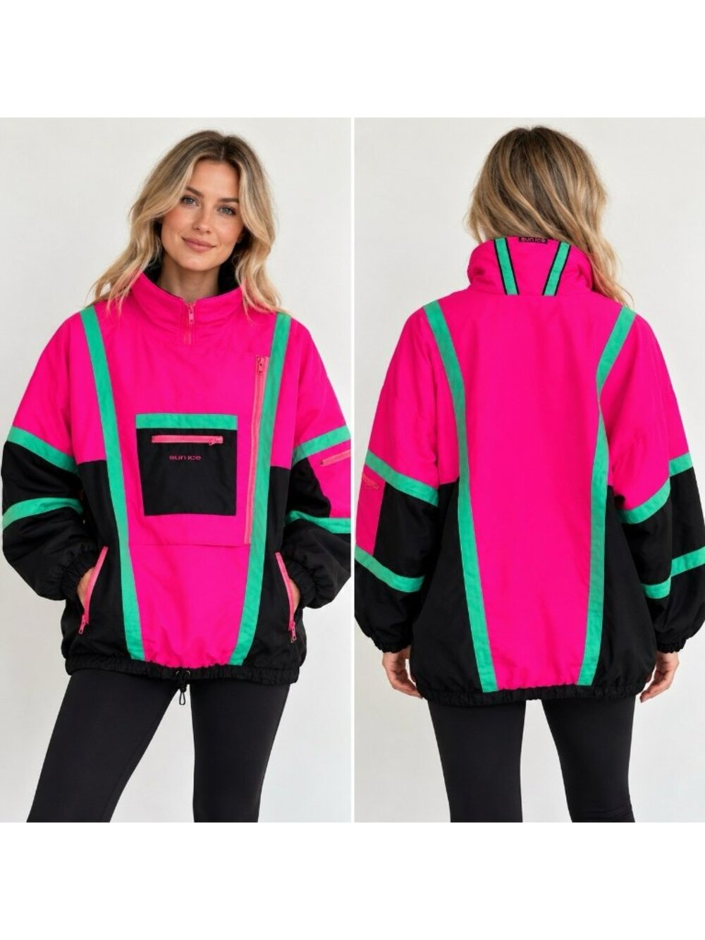 Vintage 90s SUN ICE Neon Pink Black Ski Jacket Anorak Pullover Womens Size XL